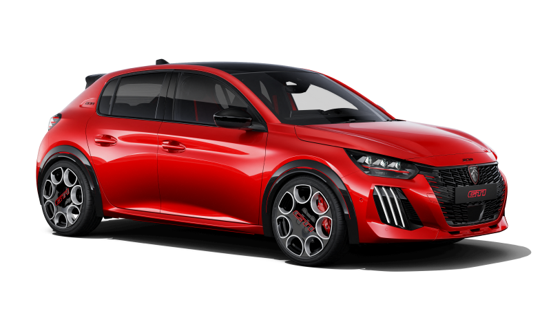 Kırmızı Peugeot E-208 GTi elektrikli spor hatchback modelinin önden üç çeyrek tanıtım görünümü