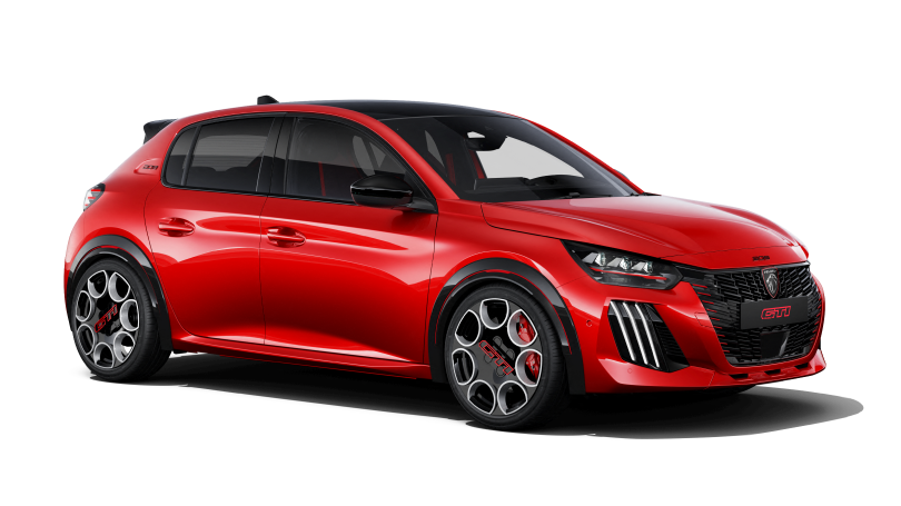 Kırmızı Peugeot E-208 GTi elektrikli spor hatchback modelinin önden üç çeyrek tanıtım görünümü