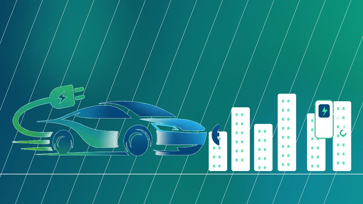 Şehir ortamında küçük elektrikli otomobili ve şarj ünitesini temsil eden temsili görsel