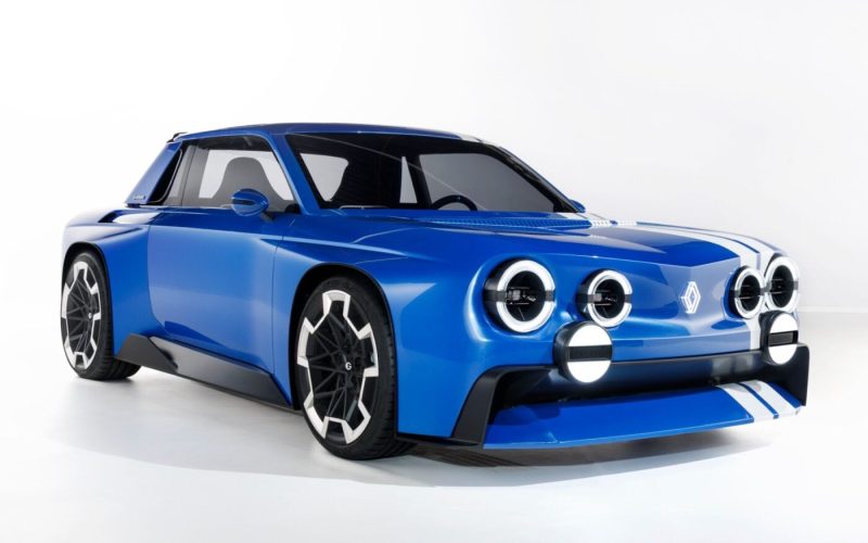 Renault 8 Gordini Concept mavi elektrikli coupe çift beyaz yarış çizgisi ve altı yuvarlak far